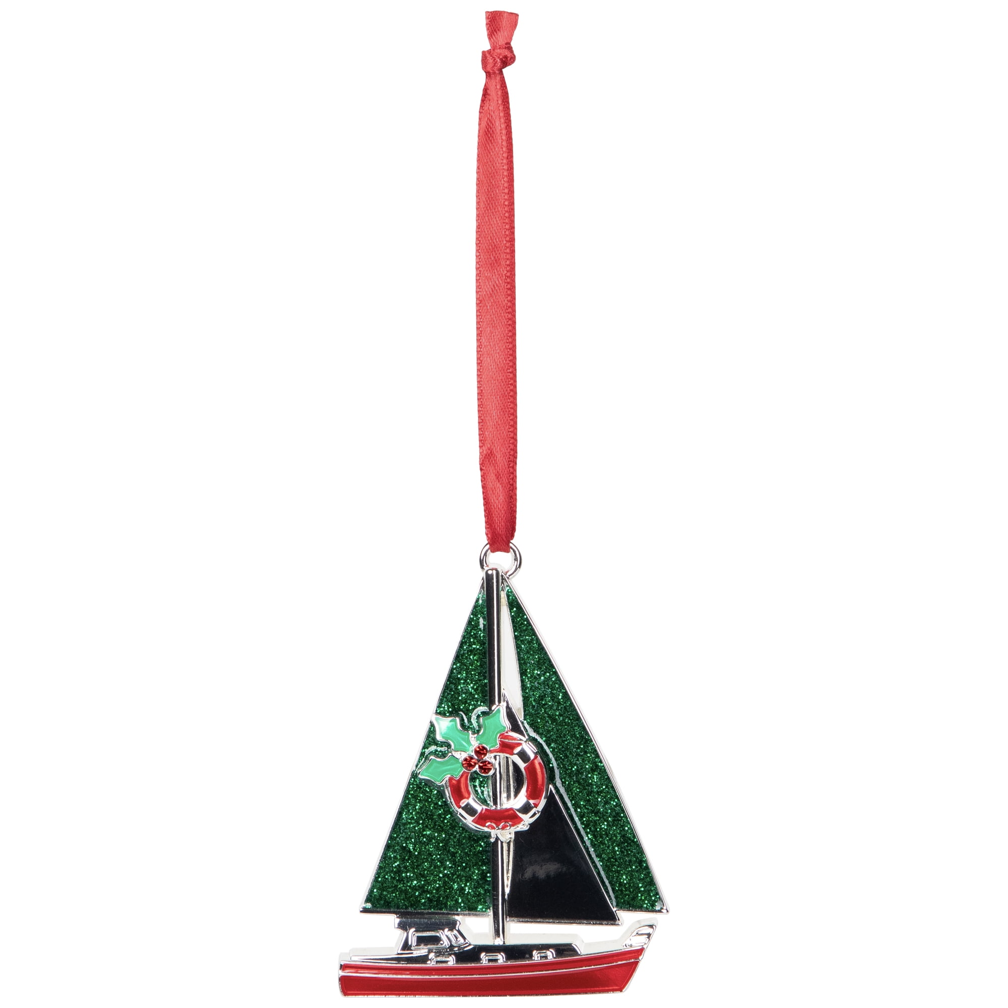 Sailboat with Holly Life Preserver Christmas Ornament - 3.25"