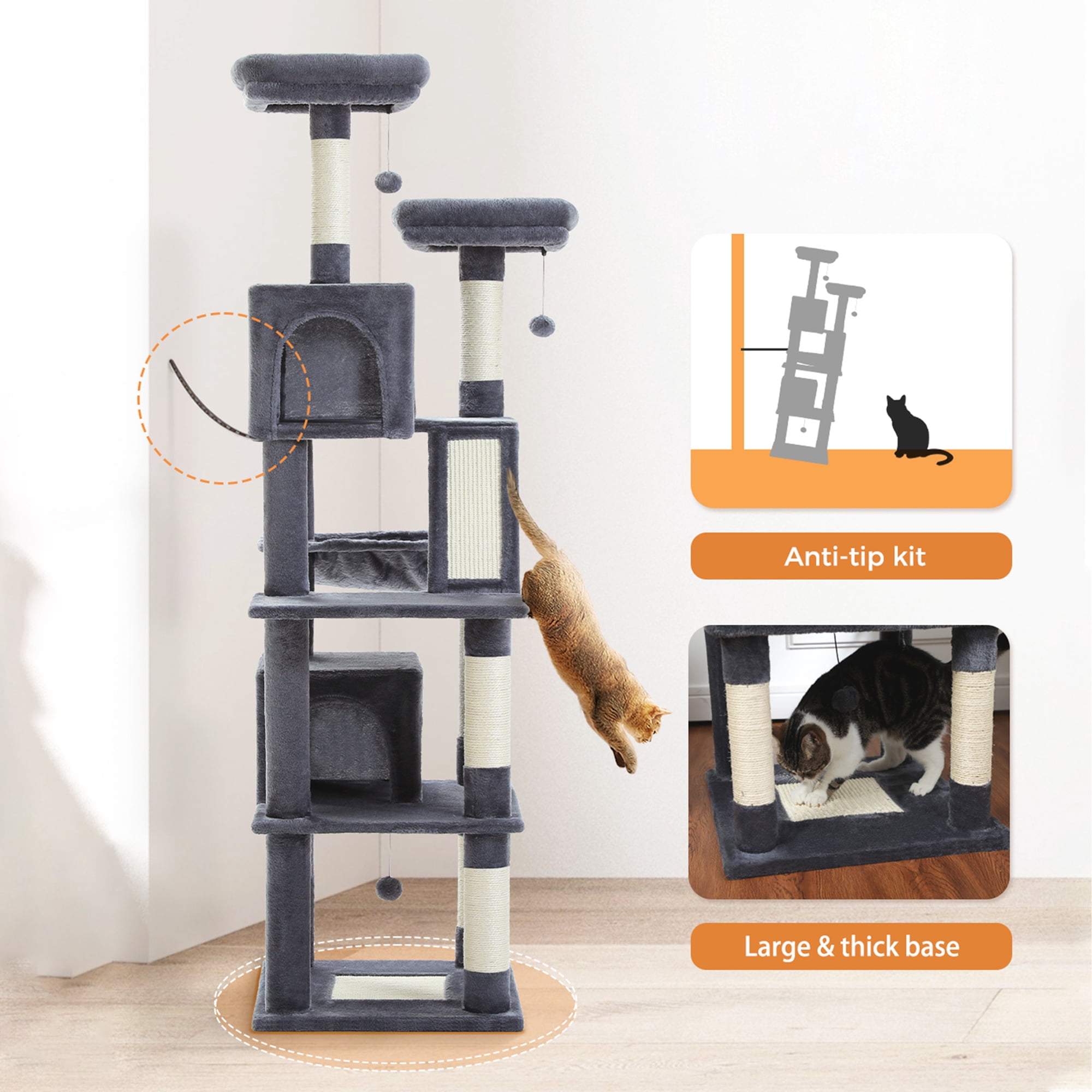 Pefilos 70" Large Cat Tree for Indoor Cats, Multi-Level Cat Tower Cat Scratching Post with 2 Perches, 2 Condos, Hammock and 2 Pompoms, Dark Gray