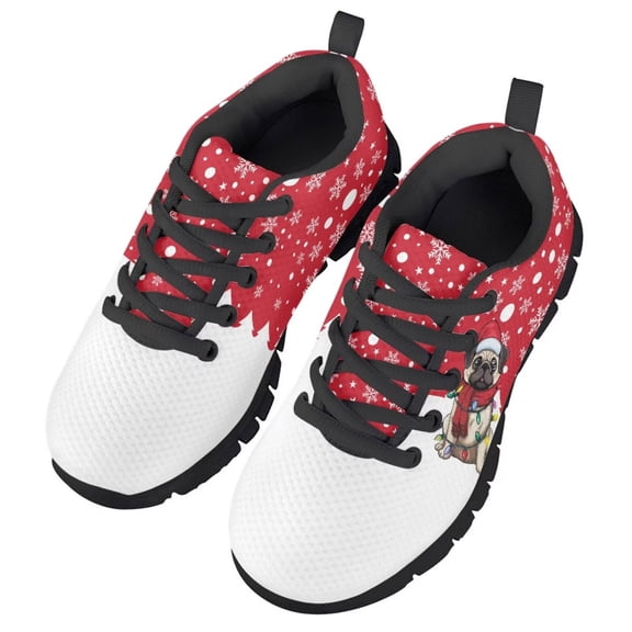 Chririnla Christmas Pug Sneakers for Boys Size 2.5 Breathable Knitted Mesh Athletic Shoes for Kids Lightweight Slip On Tennis Running Walking Shoes