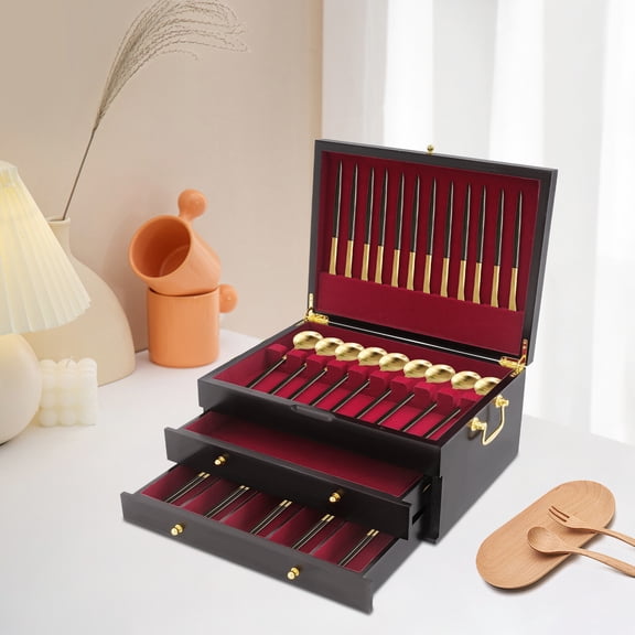 15.35*11.42*6.89in Free Standing Wooden Silverware Chest 3 Layer  Silver Ware Storage Box Organizer w/ Handle