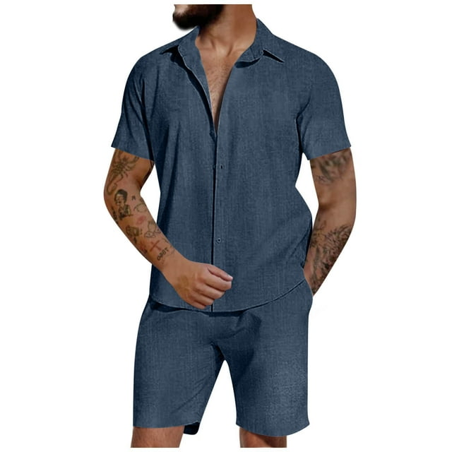 Birdeem Ensemble Chemise et Short pour Hommes Col Rabattu Manches Courtes Haut Confortable avec Poche et Boutons