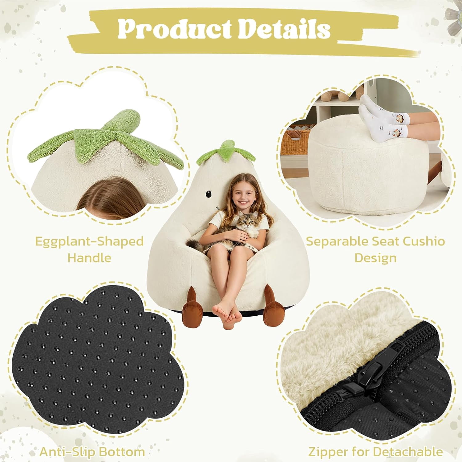 Simple Deluxe 2 ft Kids Bean Bag Chair, Faux Rabbit Fur Round Sofa with Handle and Washable Cover, Beige