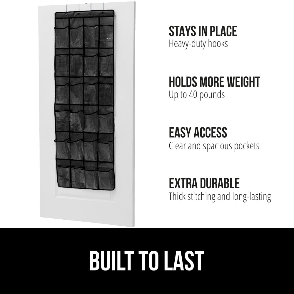 GORILLA GRIP 24 Pocket Over the Door Shoe Organizer, Clear PVC Pockets, Up to 40 Pounds, Hang on Doors, 1 Pack, Black