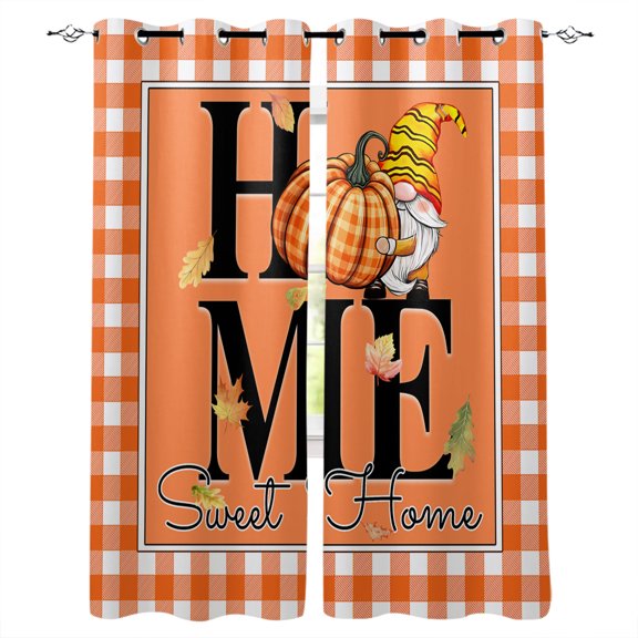 Gnome Pumpkin Blackout Curtains for Bedroom Living Room, Orange White Checkered Edge 39 In Long Thermal Insulated Room Darkening Drapes Grommet Window Treatments, 27.5 x 39 In