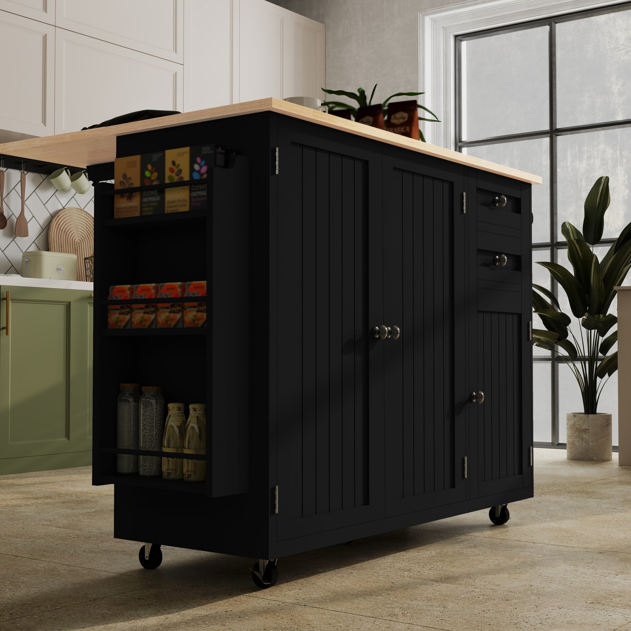 50.4" Kitchen Island with Storage,  Expandable Solid Wood Top Cart with Drop Leaf and Wheels, Black