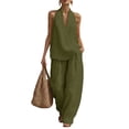 thumbnail image 2 of Qwertyu Womens Linen 2 Piece Sets Fashion Sleeveless V Neck Halter Top Matching Baggy Wide Leg Pants Set Summer Casual Outfits Army Green L, 2 of 9