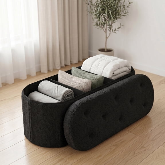 EDX 43" Folding Storage Ottoman Bench,End of Bed Bench with Hidden Stoarge Compartment,Black Teddy Fabric Upholstered Ottoman Foot Rest,Storage Chest for Entryway Living Room