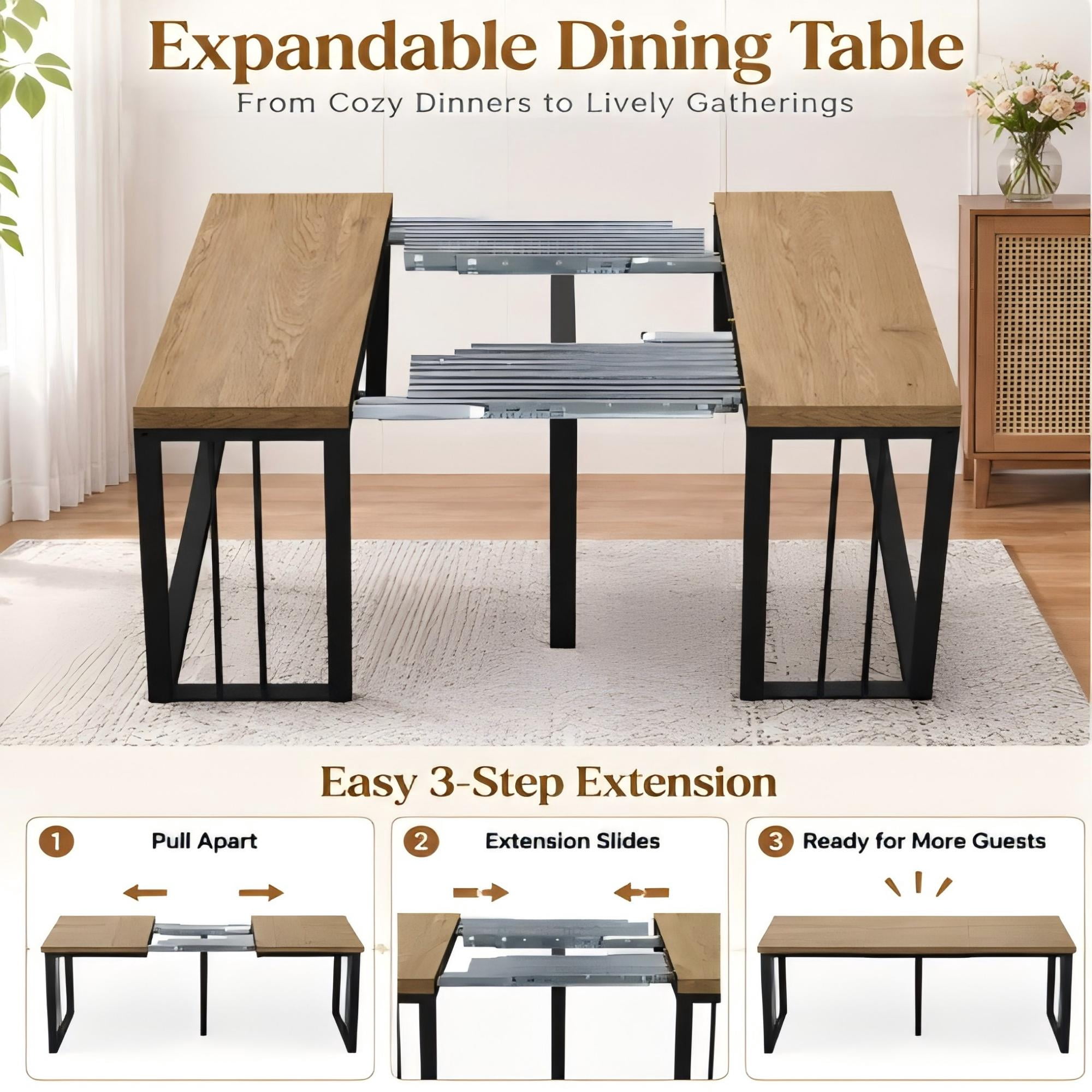 BSHTI 23.62"-118" MDF Extendable Rectangular Dining Table with Metal Base, Wood Grain Top for Kitchen/Dining Room（Oak）