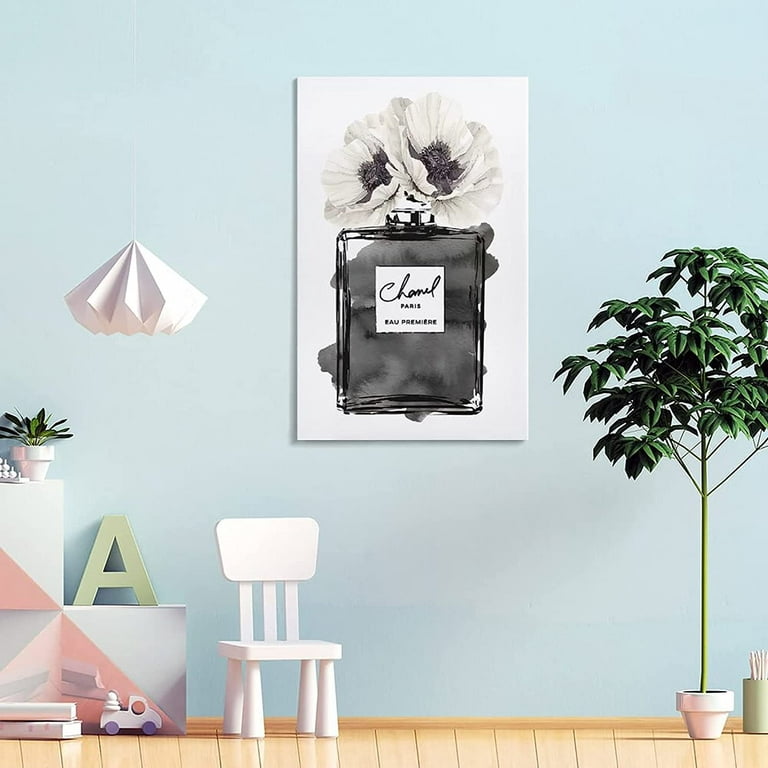 Wall Art HD Canvas Print Chanel Perfume Bottle, Black with Grey & White  Poppy Modern Women''s Room Decor Americana Watercolor Wall Fashion  Aesthetic Decor 12x18inch(30x45, 12x18inch(30x45cm) 