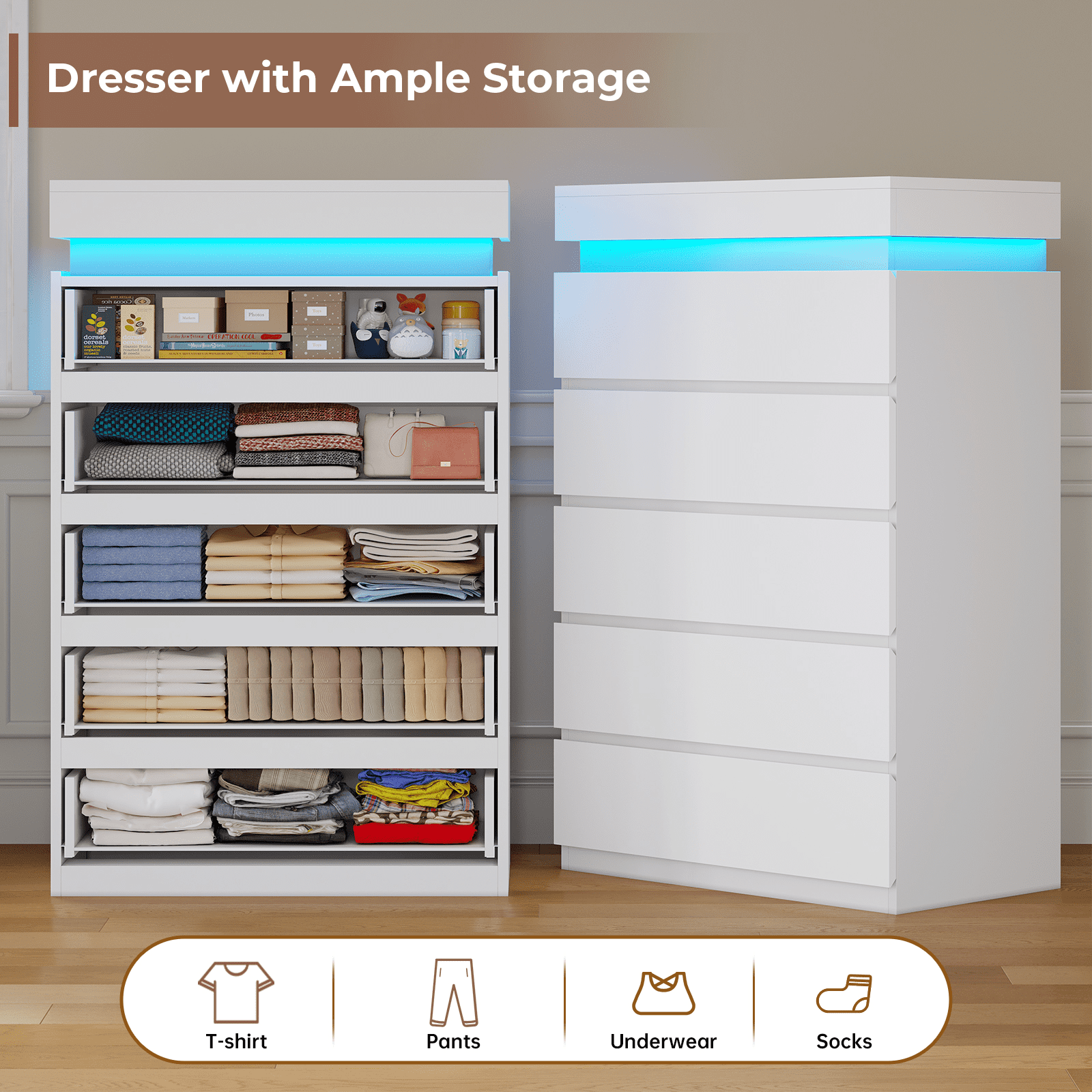 Modern 5 Drawer Dresser with LED Light, Chest of Drawers with LED Lights, Large Storage Tower Clothes Organizer, White Dresser for Bedroom, Living Room, Entryway, Hallway
