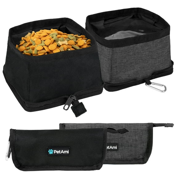 PetAmi Collapsible Dog Bowls 2 Pack, Food and Water Bowls Travel Set, Portable Pet Dish No Spill, Foldable Lightweight BPA Free Leakproof Bowls, Camping Hiking Walking Outdoor Gear Accessories, Black