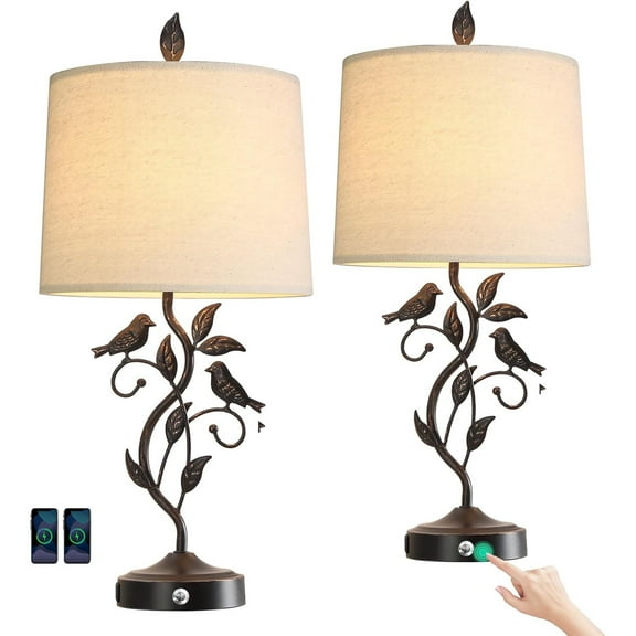 27" Set of 2 Touch Farmhouse Table Lamps for Living Room with 3-Way Dimmable 2 USB Ports, Vintage Rustic Iron Leaf Nightstand Lamp for Bedroom, LED Bulb Included (‎Bronze)
