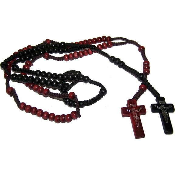 Two Rosaries with Velvet Bags : Black and Maroon Colored Wooden Beads Rosary Necklaces with Jesus Imprint Cross
