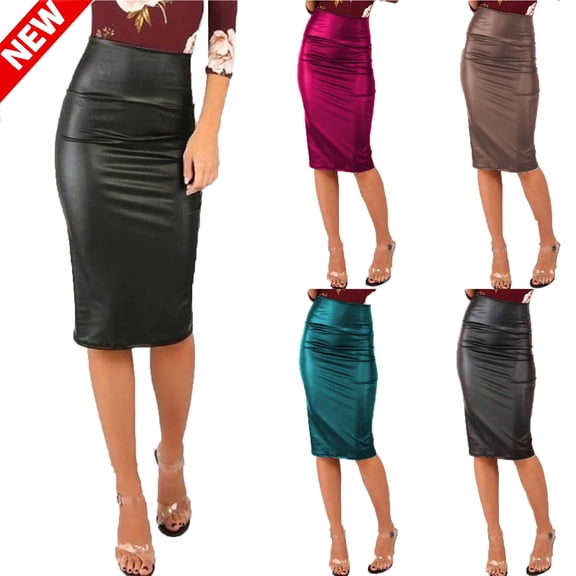 Tqyyweavej Faux Leather Skirt for Women High Waisted Stretchy Stylish Bodycon Skirt Tight Solid Color Dressy Midi Skirt S-3XL