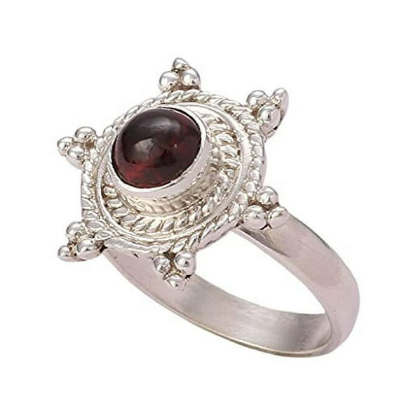 Navya Craft Garnet Round 925 Sterling Silver Handmade Women Statement Ring, Garnet Jewelry Size 11.5