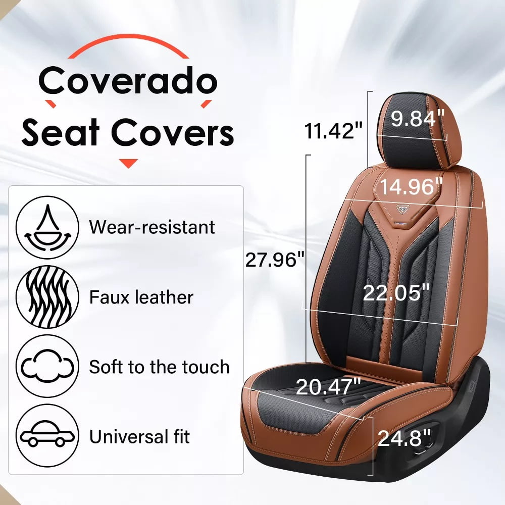 Coverado Front Car Seat Covers, Airbag Compatible Faux Leather Seat Protectors, Waterproof Cushions Universal Fit for Most Sedans SUV Pick-up, Black&Brown
