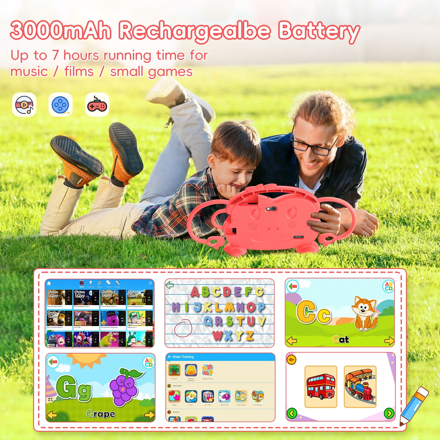 Kids Tablet, 7 inch Android Tablet for Kids, 6GB RAM 32GB ROM Quad-Core Toddler Tablet with Shockproof Case, Bluetooth, WiFi, Parental Control, 2MP+2MP Dual Camera, GPS, Games