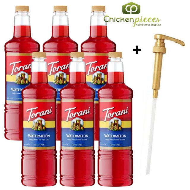 Torani Watermelon Flavoring Syrup, Professional Refreshing Summer Base, Shatter-Resistant 1L Plastic Bottle + Bonus Squeeze Pump