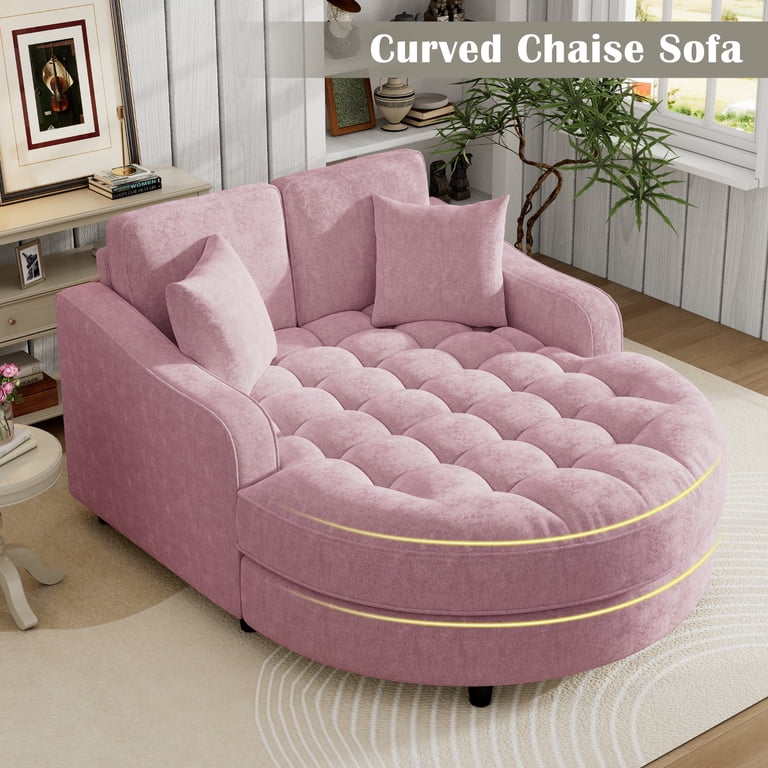カナデモノ 椅子　Linen Round Lounge Chair - Pink Euroco Oversized Round Chenille Chaise Lounge with Tufted Seat