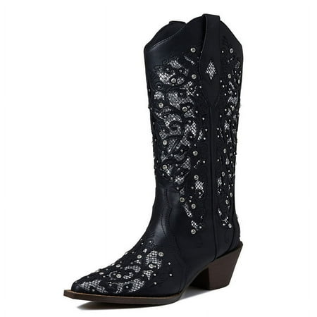 

Vimisaoi Cowboy Boots for Women Cowgirl Boot Western Boots Chunky Heel Pointed Toe Pull On Rhinestones Embroidered Sparkling Bride Wedding Shoes Knee High Boots Mid Calf Boots