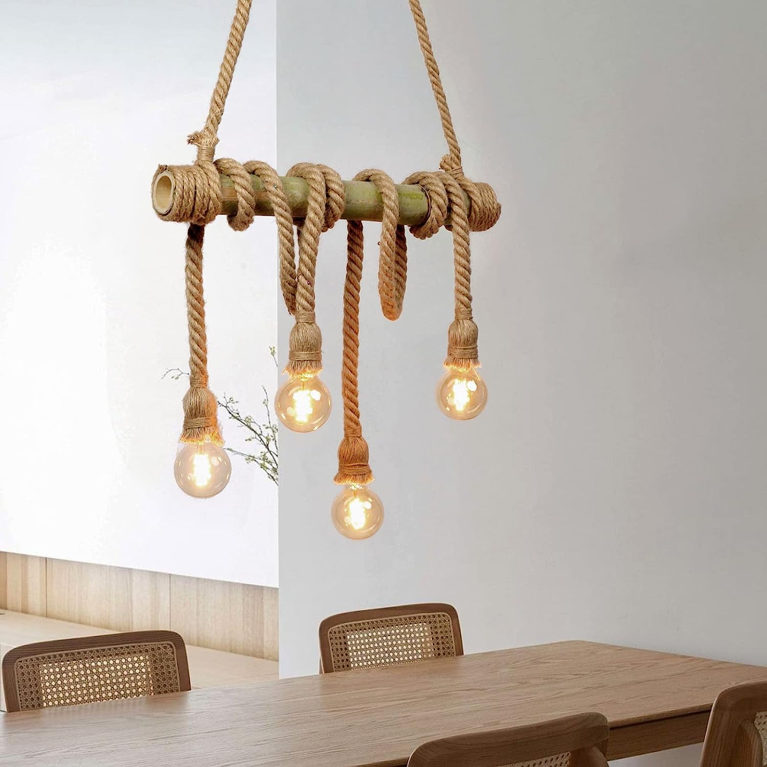 Arturesthome 4 Heads Hemp Rope Ceiling Pendant Light, Vintage Bamboo Chandeliers Decoration, Rustic Industrial Hanging Lamp for Bedroom Restaurant Cafe Bar