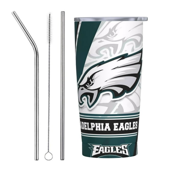Philadelphia Football Team 20 oz Stainless Steel Thermos with Lid and Straw, Iced Coffee Cup, Reusable Stainless Steel Travel Mug for Hot or Cold Drinks, Customized Fan Gift for Men and Women