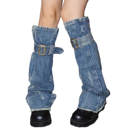 Women Washed Denims Blue Flared Boot Cover with Buckled Straps Punk Girl Distressed Jeans Leg Warmer Long Socks