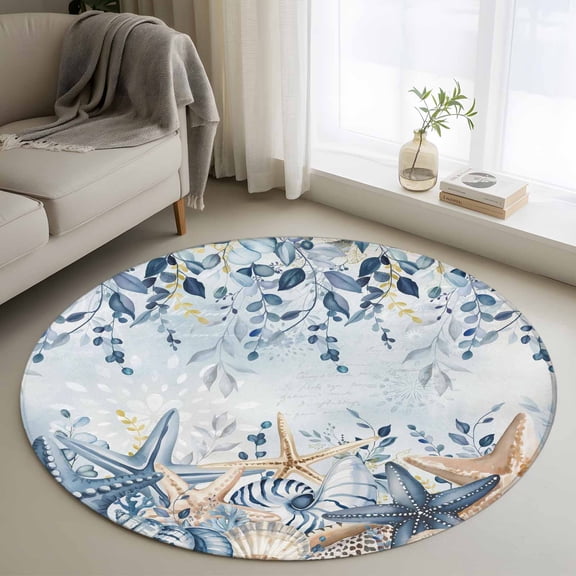 Blue Eucalyptus Coastal Round Area Rug 3Ft Washable Small Circle Rugs for Kitchen Entryway, Beach Starfish Shell Nautical Ombre Non-Slip Carpet Floor Mats Indoor Outdoor Carpet Runner Home Decor