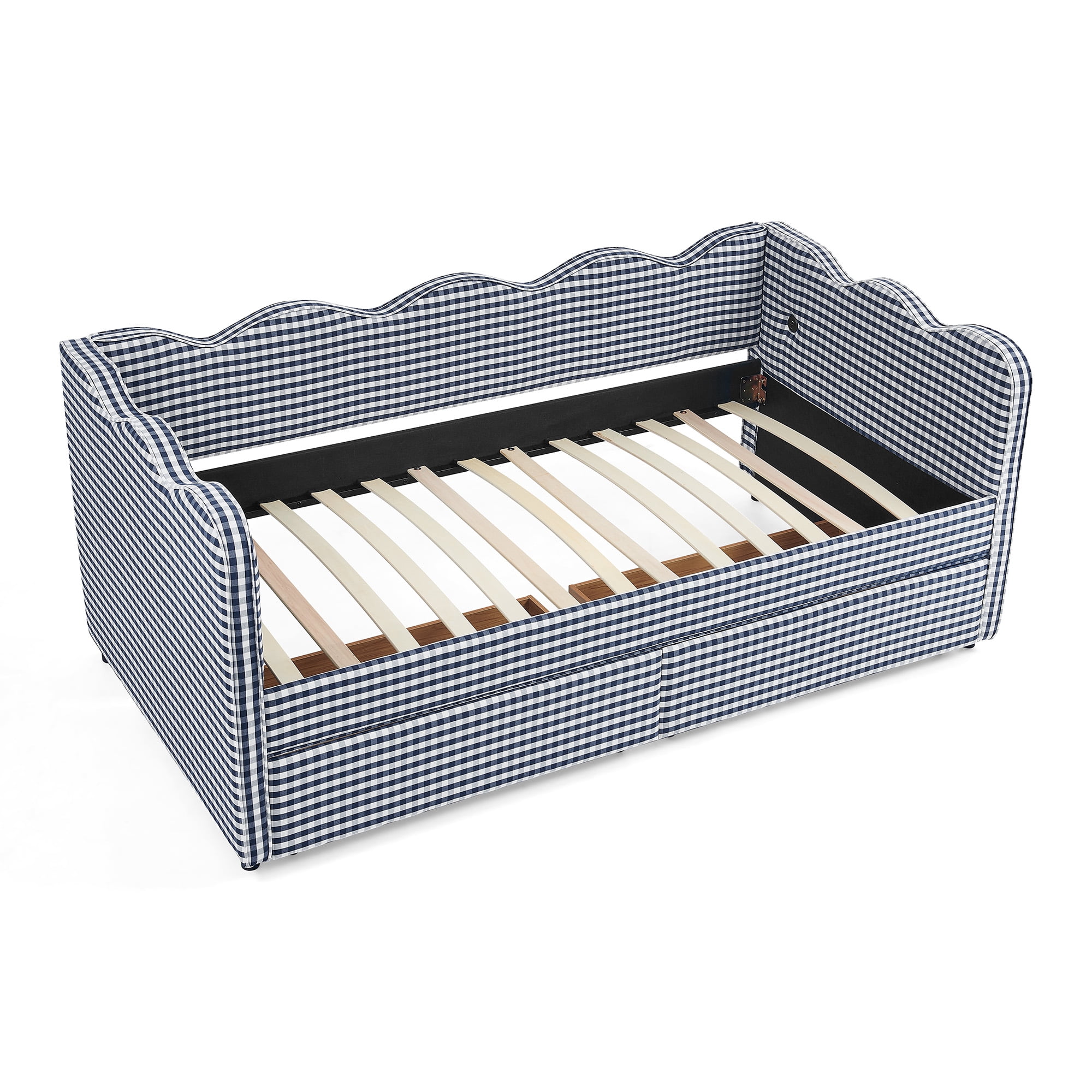 GARITIN Twin Size Daybed with 2 Storage Drawers, Gingham Sofa Bed with USB Port and Wavy Headboard for Kids Room, Navy