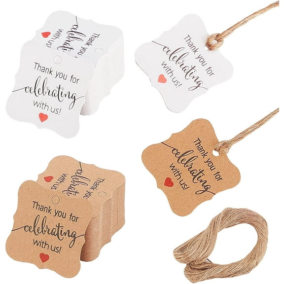 200pcs Thank You Tags 2 Colors 1"/3cm "Thank You for Celebrating with Paper Gift Tags Kraft Paper Tags with 13ft Hemp Ropes for Wedding Birthday Valentine's Day White/Brown diy
