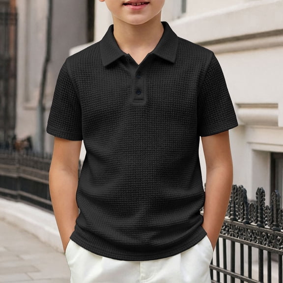 2026 New Boys Breeze Polo Shirts Short Sleeve V-Neck Textured Knitted Shirts Lightweight Hollow Out Casual Tops(Black,15-16 Years)