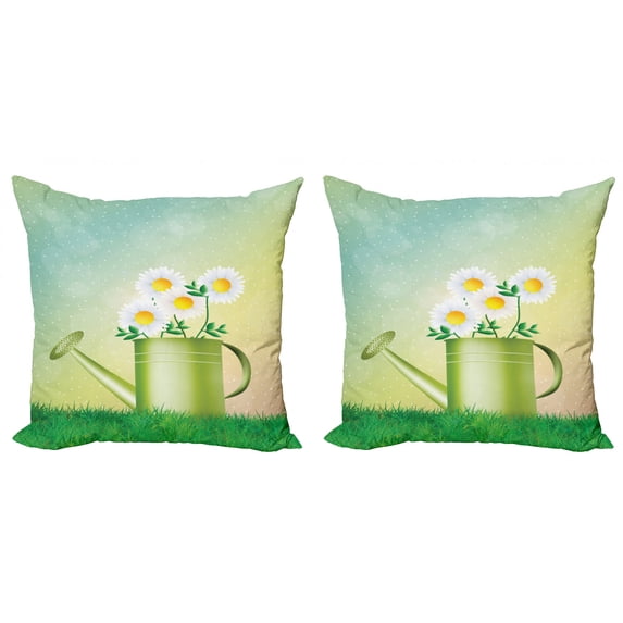 Ambesonne Spring Throw Pillow Cover 2 Pack, Watering Can Flowerpot, 16", Multicolor
