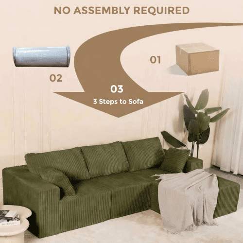 Howcool 108" Boneless Cloud Sectional Couches for Living Room, Comfy Fluffy L Shaped Memory Foam Deep Seat Boneless Couch, Modular Sectional Sofa with Right Facing Chaise, Green
