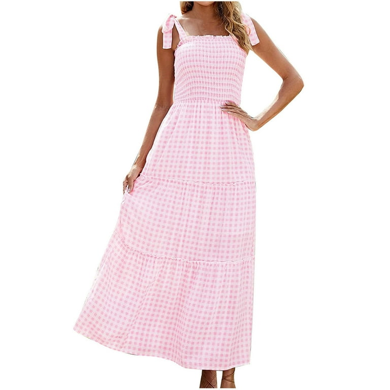 Womens Plaid Maxi Dress Tie Straps Smocked Elastic Tops Tiered Flowy Gingham  Bohemian Casual Summer Sexy Sun Dresses - Walmart.com
