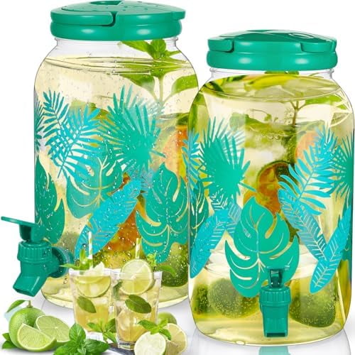 2 Pcs 1 Gallon Plastic Drink Dispenser Jungle Leaves Theme Iced Beverage Dispenser Tea Jar with Spigot and Carrying Lid Clear Dispenser for Fridge Bar Summer Party
