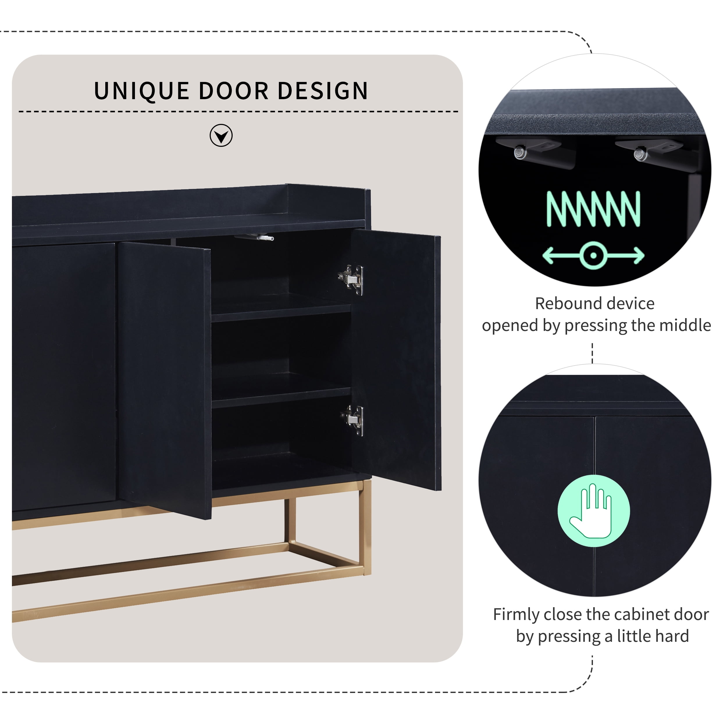 DEALTOPS Modern Sideboard with Large Storage Space and Rebound Device Doors for Dining Room - Black