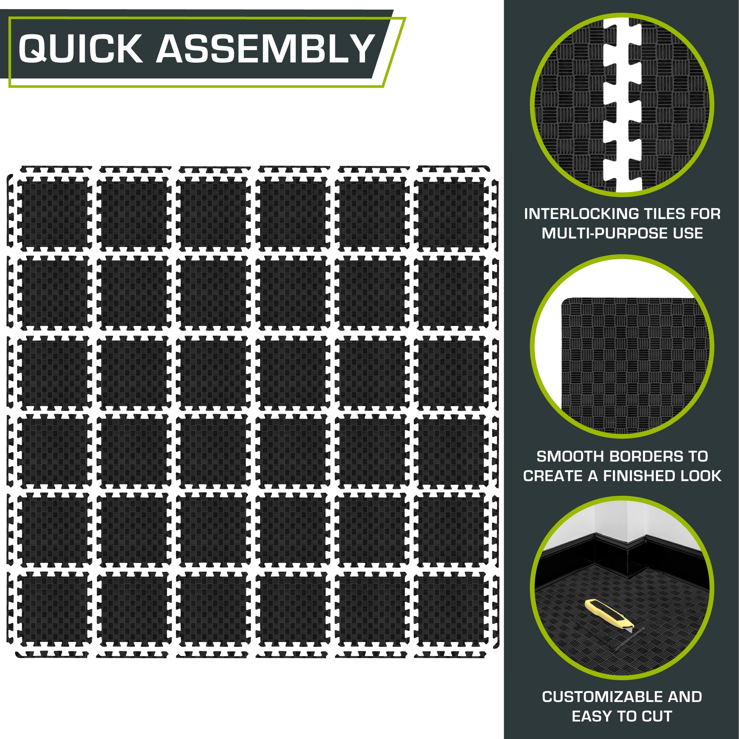 Prosourcefit Checkered Puzzle Exercise Mat 12 x 12 1/2-in, Black, 36 sq ft - 36 Tiles, Pack of 1