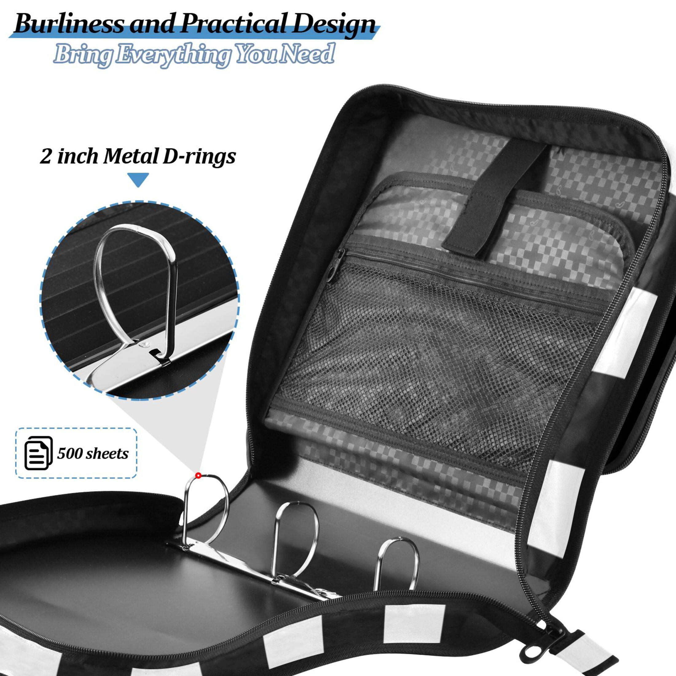 3 Ring Zipper Binder with Shoulder Strap Waterproof Trapper Keeper 2 Inch D-Ring 500 Sheets Capacity Black and White Striped