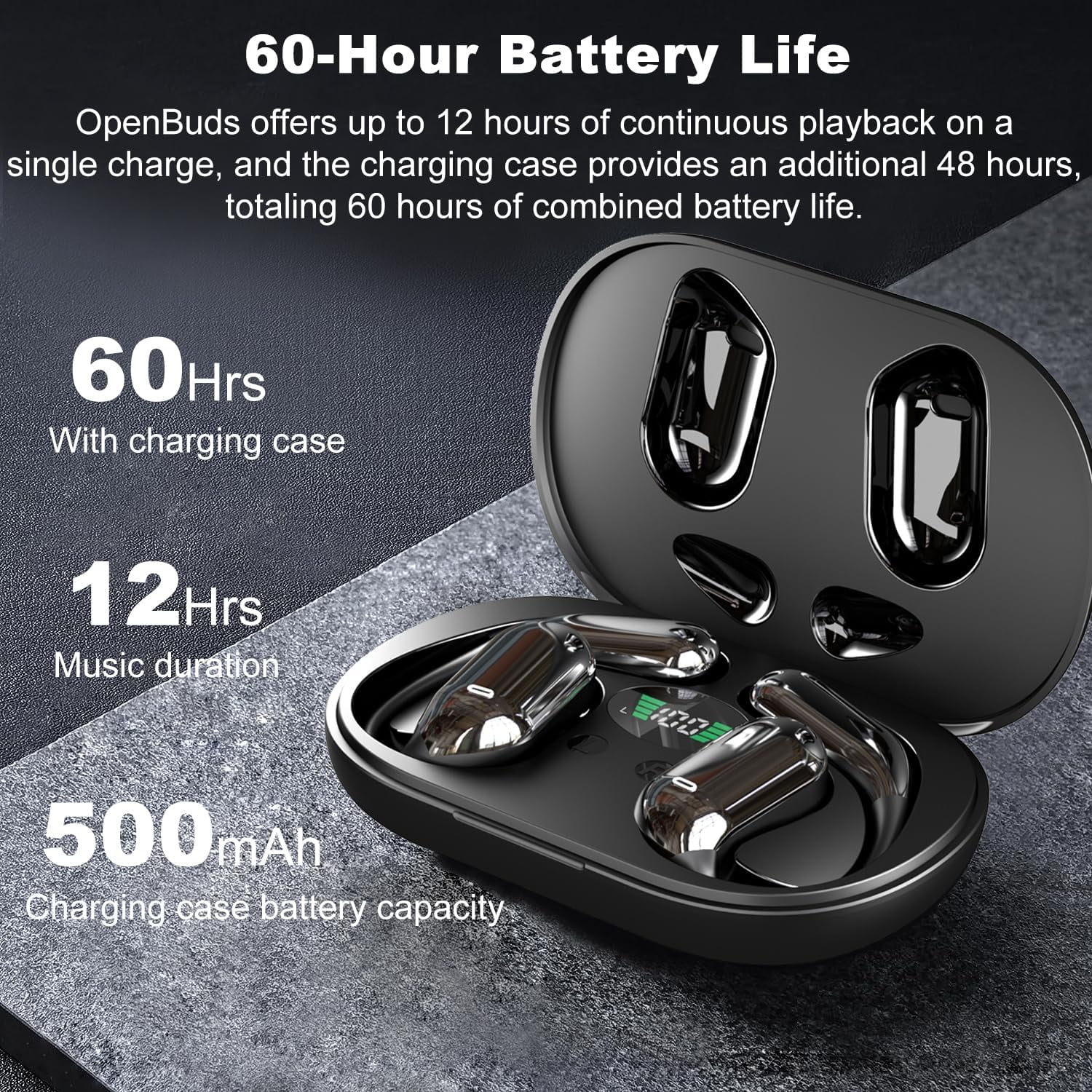 Open Ear Bluetooth 5.4 Headphones,Wireless Bone Conduction Earbuds Built-in Mic Sport Over Earphones with Comfort Ear Hooks LED Display Charging Case,Waterproof IPX7 Design for Running Fitness,Black