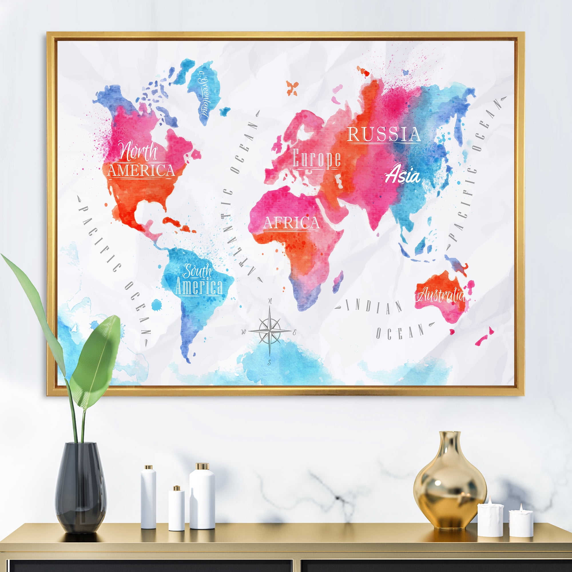 Designart 'World Map In Blue and Pink' Modern Framed Canvas Wall Art Print