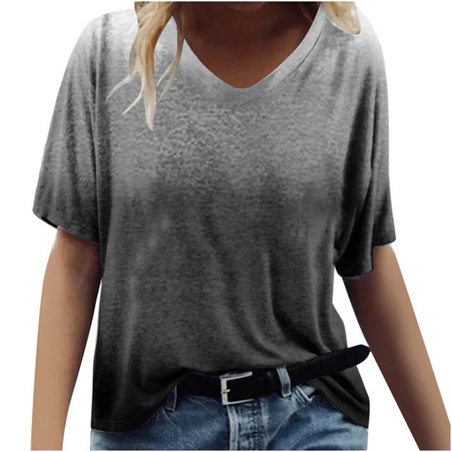 JURANMO Women's V Neck T Shirts, Women Mode V-Neck Manches Courtes Tops Dégradé Couleur Décontracté Ample Basique T Shirt Offres du Jour Noir G