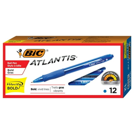 Blue Medium Point Ballpoint Pen - BIC Atlantis Velocity Bold Retractable Ballpoint Pen, Bold Point (1.6mm), Blue, 12 Count