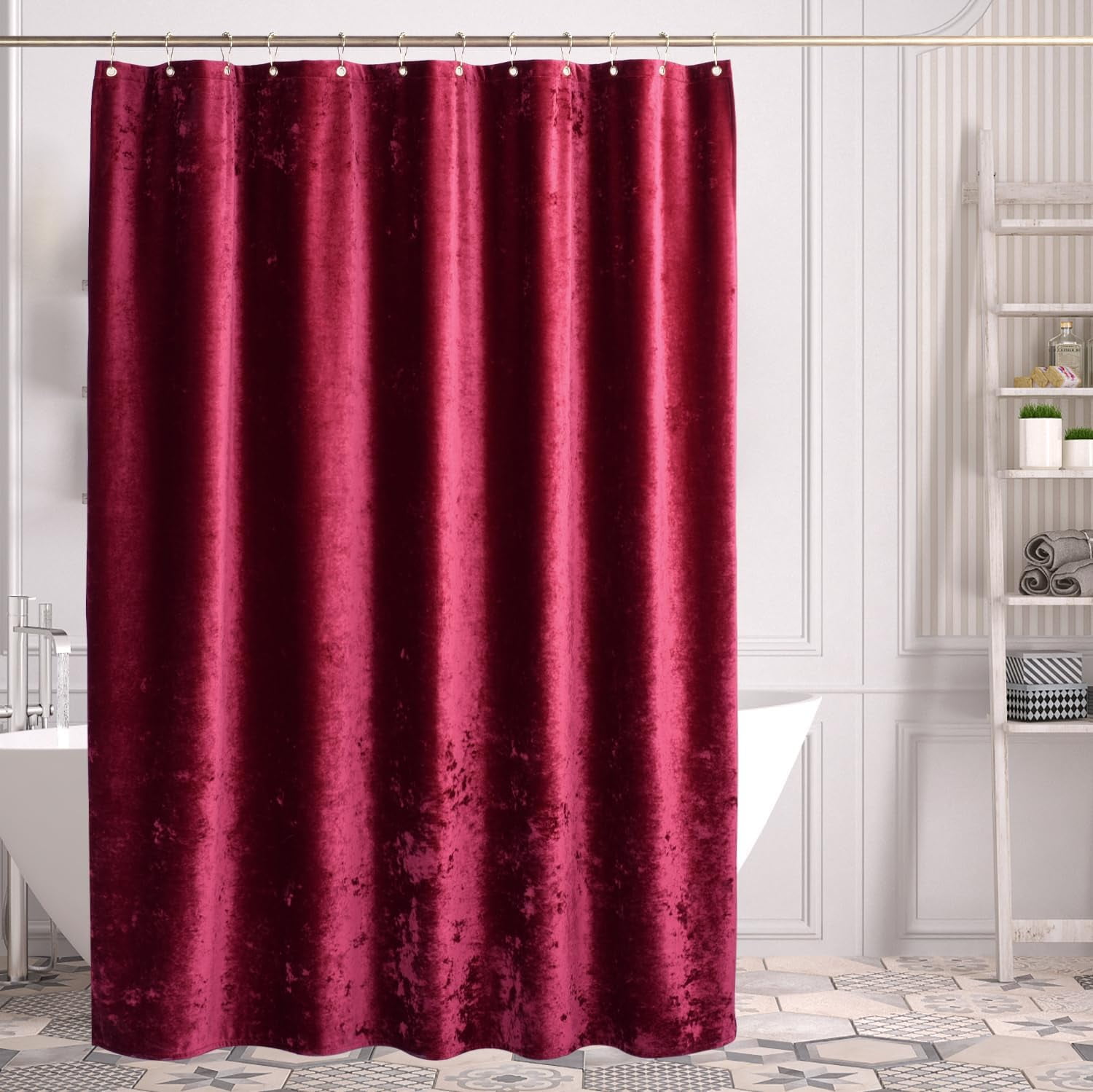 Burgundy Red Shower Curtain for Bathroom, Luxury Crushed Velvet Shower Curtain Red, Dark Shower Curtain Set with Gold Decro Metal Hooks, Machine Washable Thick Fabric, Burgundy, 72 x 72 inches