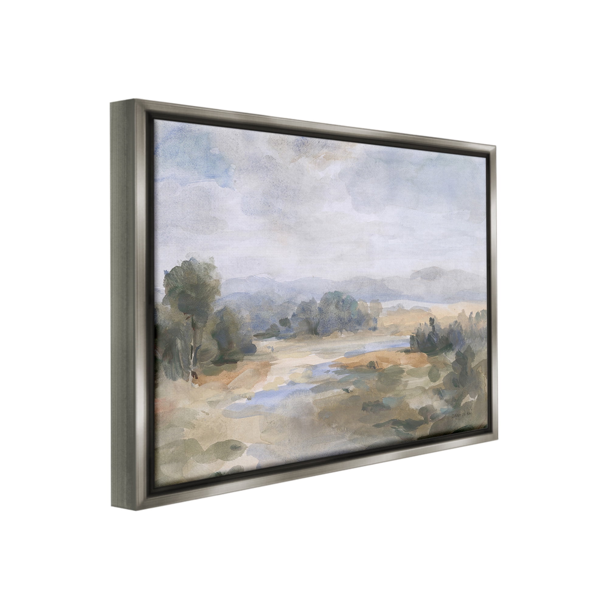 Stupell Industries Abstract Stream & Clouds Landscape Painting Gray Floater Framed Canvas Art Print Wall Art, 31 x 25