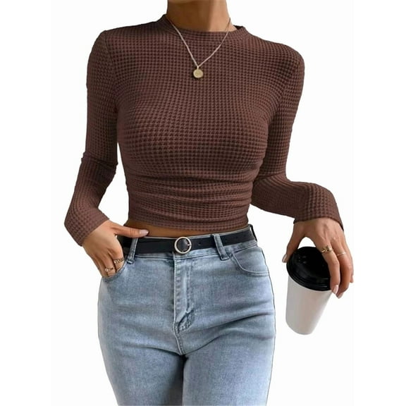 Women'S Waffle Knit Tops Long Sleeve Shirts Casual Slim Fitted Crew Neck Pullover Shirts Coffee Color M