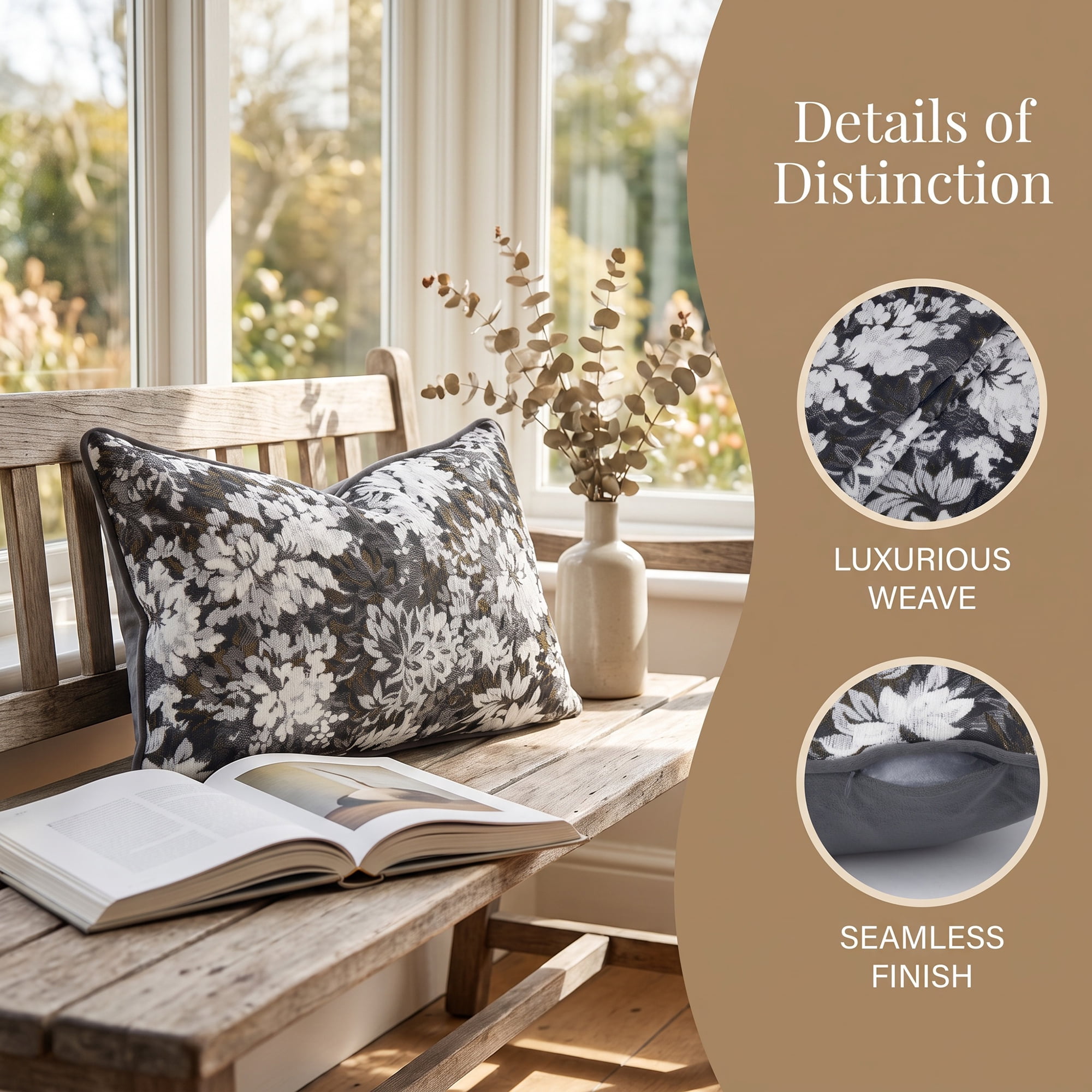 Unique Bargains Floral Throw Pillow Cover with Piped Edge Decor Cushion Case Black 20"x12"