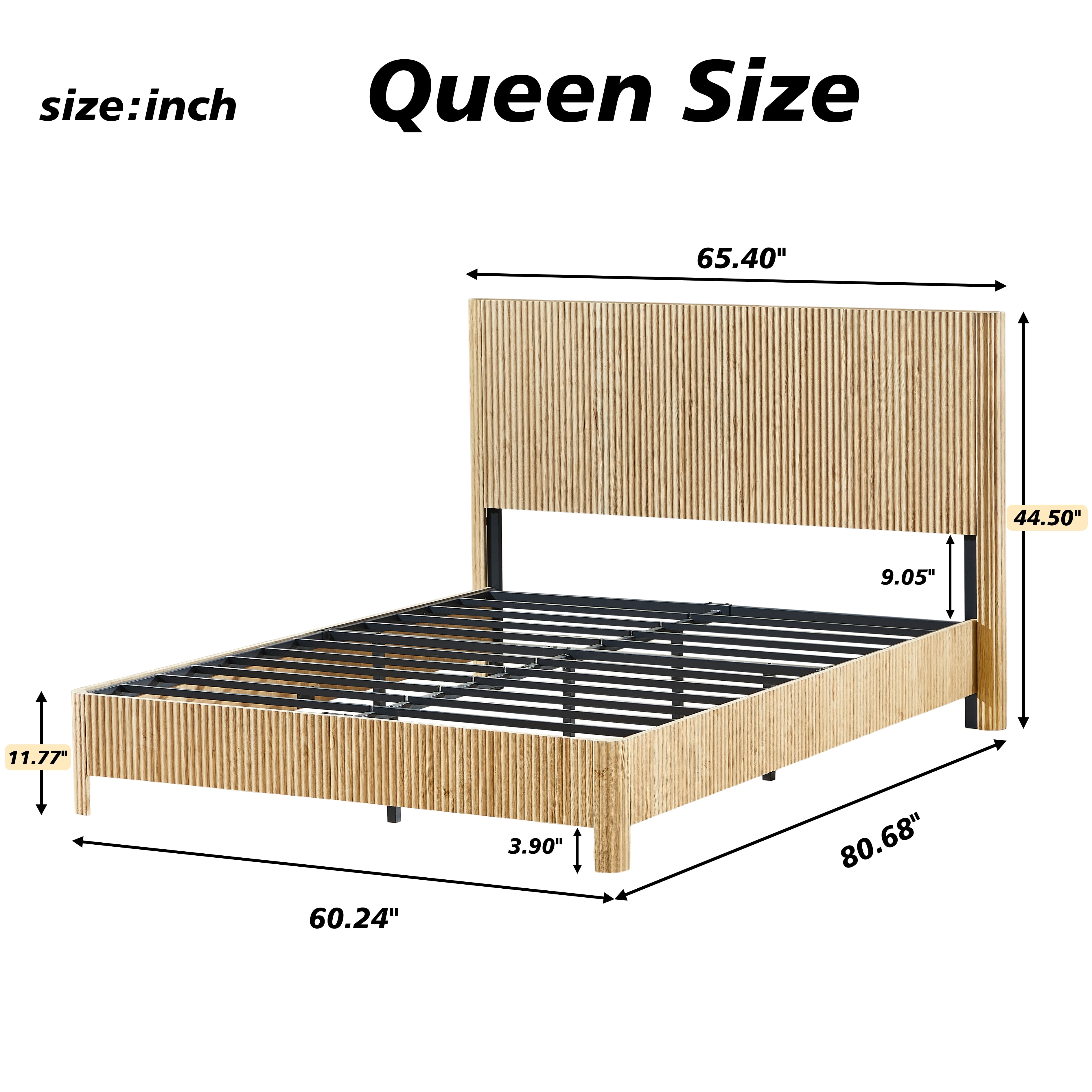 Platform Bed Frame, Wood Design Bed, Queen Size Metal and MDF Bed Frame with 13 Slats and Rounded Corners, No Box Spring Needed, Modern Bedroom Furniture, Oak