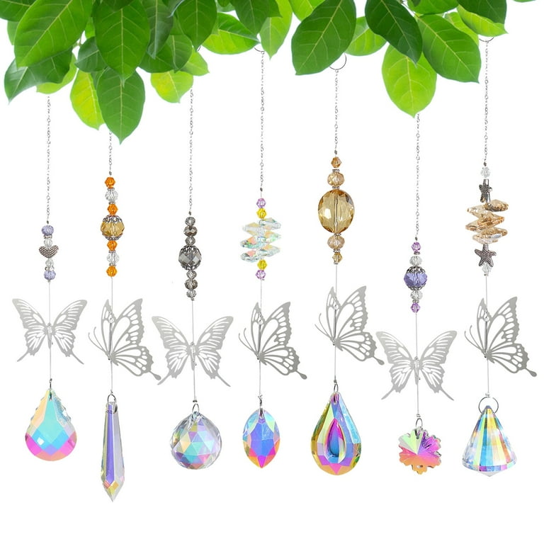 JTWEEN 7pcs Butterfly Crystals Suncatcher Beads Crystal Hanging Ornament  for Garden Tree Window Home Decoration 