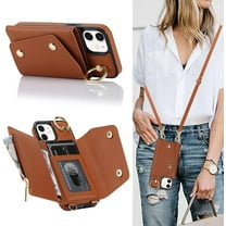 for iPhone 12 Case Wallet with Strap for Women,Crossbody Lanyard and Wristlet Strap,Zipper Pocket,Credit Card Holder,Stand Ring,Phone Wallet Cases(6.1 inch,Brown)
