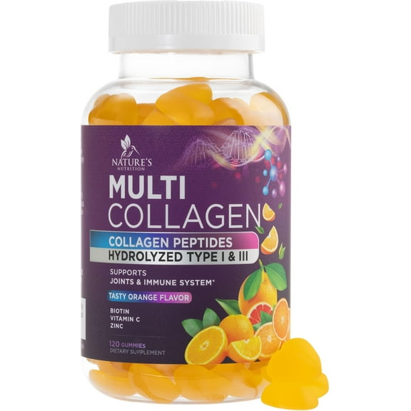 Collagen Peptides Gummies with Biotin - 2500mcg Hair Growth, Skin & Nails Supplement - Hydrolyzed Collagen Multi Type I & III - Vitamin C & Zinc for Immune Support - Tasty Orange Flavor - 120 Gummies